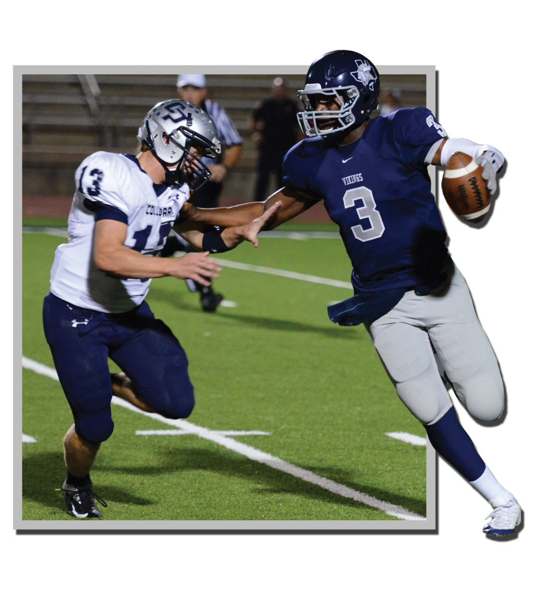 2013 senior Chris Johnson pushes a College Park defender away as he looks downfield for a touchdown.